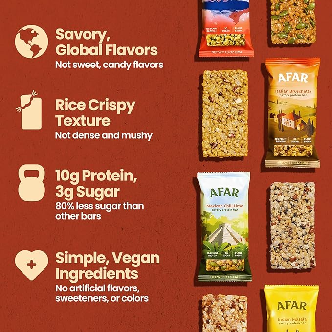 Afar Savory Protein Bars – Low Sugar, High Protein – Healthy Snacks for Adults – Meal Replacement Bar – Rice Crispy Texture – Vegan, Gluten Free (8 Bars, Variety Pack)