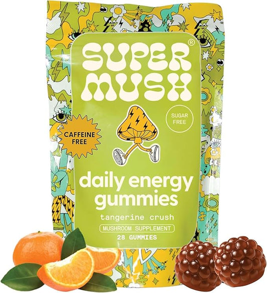 SuperMush Energy Mushroom Gummies - Organic Lions Mane Supplement with Cordyceps, Rhodiola, L-Theanine, Maca - Vegan & Sugar-Free - Energy, Focus, Stamina, Stress Reduction - 28 Gummies (14 Servings)