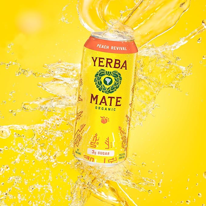 Yerba Madre Organic Yerba mate Energy Drink Alternative, Peach Revival, Low Sugar, 150mg Natural Plant Based Caffeine, Smooth Energy & Focus, No Jitters or Crash, 15.5 Oz (Pack of 12), Packaging May Vary