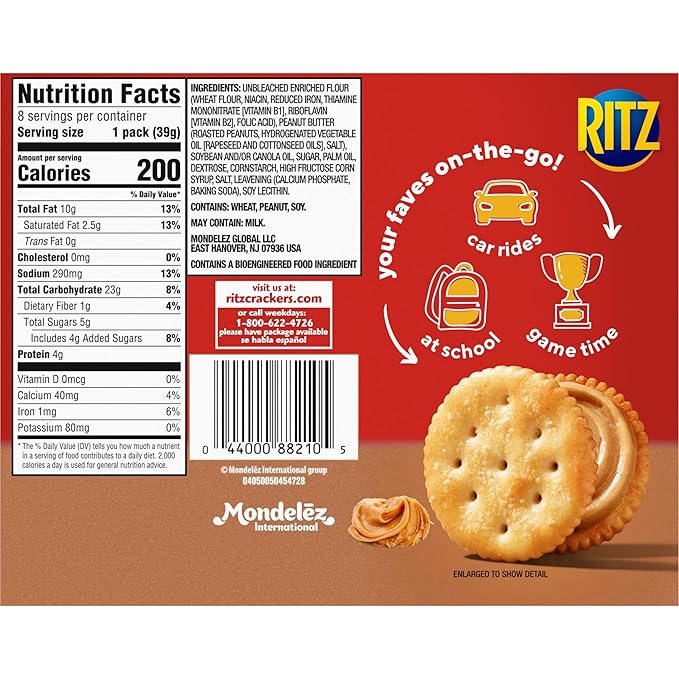 RITZ Peanut Butter Sandwich Crackers, Lunch Snacks, 112 Snack Packs (14 Boxes, 6 Crackers Per Pack)