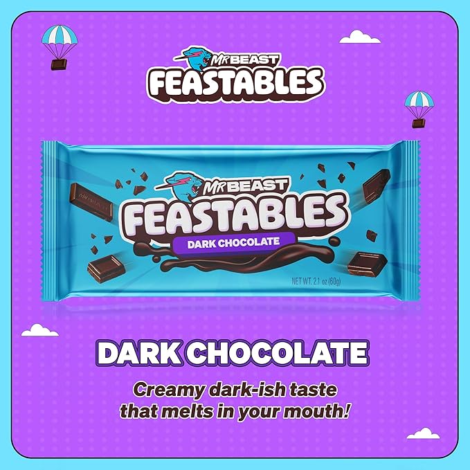 Feastables MrBeast Original Dark Chocolate Chocolate Bar, King Size Candy Bar for Adults & Kids, Candy Bars for Snacks, Gifts, & Dessert, Sweet & Creamy Quality Fairtrade Cocoa, 2.1 Oz Each, 10 Count