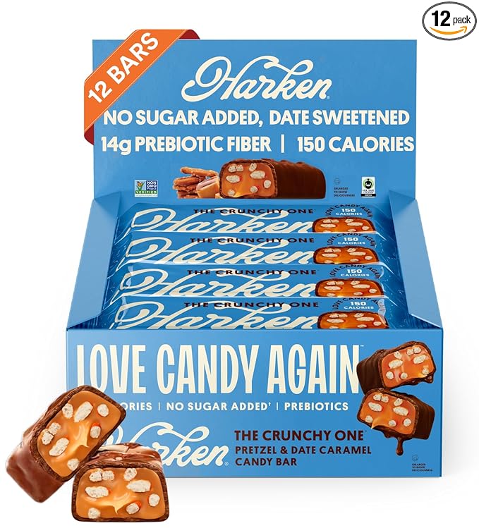 Harken Sweets The Crunchy Pretzely One - Oat Milk Chocolate Candy Bars with Pretzels and Date Caramel, Sweetened with Dates and No Sugar Added, High Fiber, Nut-Free, Gluten-Free, Plant-Based, 12 Bars
