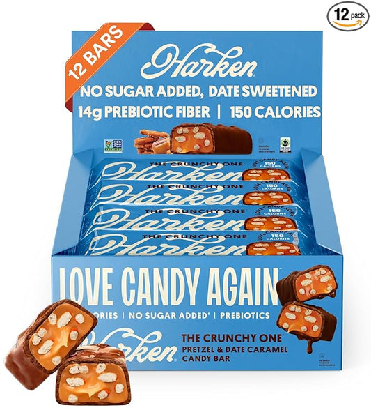 Harken Sweets The Crunchy Pretzely One - Oat Milk Chocolate Candy Bars with Pretzels and Date Caramel, Sweetened with Dates and No Sugar Added, High Fiber, Nut-Free, Gluten-Free, Plant-Based, 12 Bars