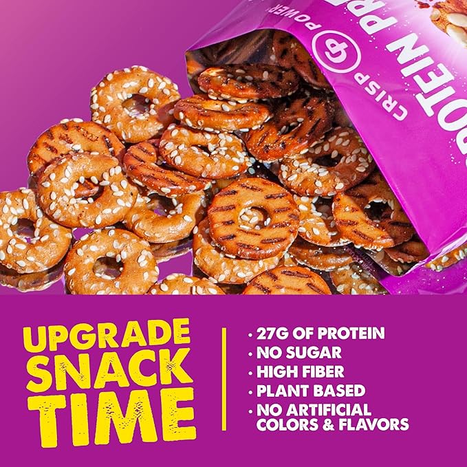 Crisp Power Protein Pretzels, Sesame, High Protein Snack, 27G Protein, Low Carb Crunchy Pretzel Snacks, No Added Sugar, No Seed Oils, 1.75 oz Bags, 6 Pack, Vegan, Plant-Based, Keto