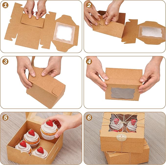 EffiQ-Rate 50 Pack Cookie Boxes with Window, 6x6x3 Inches Bakery Boxes, Pastry Boxes for Cookies, Pastries, Desserts, Cakes, Donuts, Macarons, with 50 Stickers and 5 Bundles of Twine