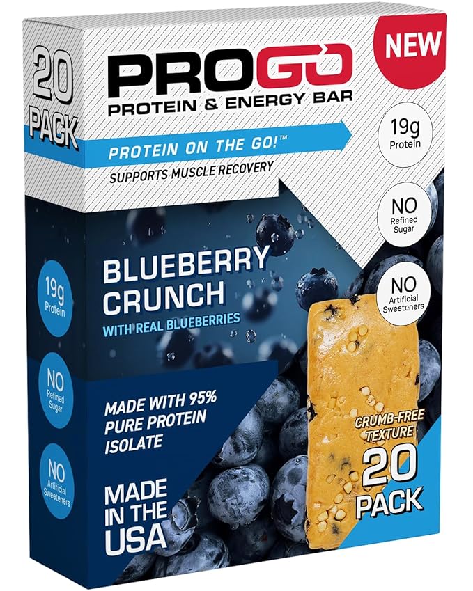 ProGo Protein Bars, Energy Bars - 19g Clean Protein, Made with 95% Pure Isolate, Tallow, Collagen, Real Ingredients - Low Calorie, No Artificial Sweeteners (20-Count, Blueberry Crunch)