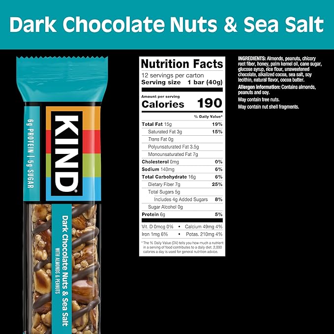 KIND Nut Bars, Dark Chocolate Nuts and Sea Salt, Healthy Snacks, Gluten Free, Low Sugar, 6g Protein, 24 Count