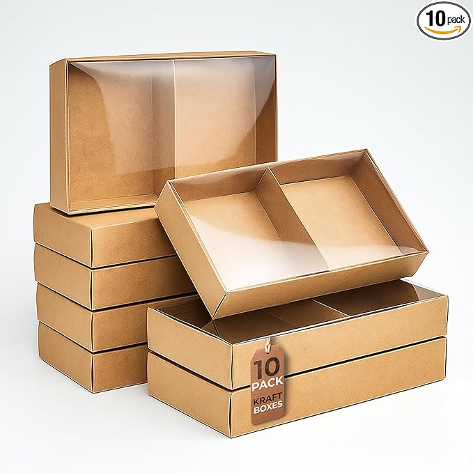 Gift Boxes with Clear Cover, Bakery Treat Boxes for Small Cakes, Cookies, Desserts, Donuts, Pastries, Gifts, and Party Favors – Durable & Elegant (10 Pieces Brown Kraft with Seperator, 4"x8"x1.2")