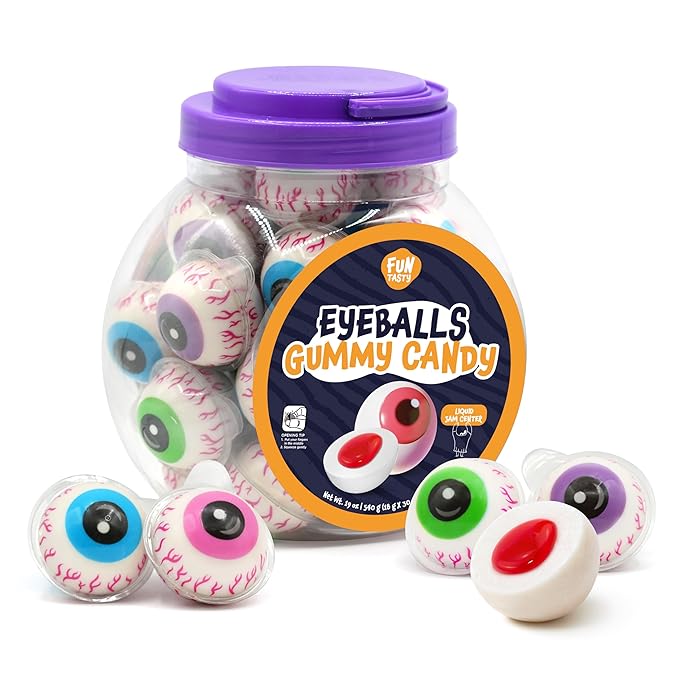 Eyeballs Gummy Candy - 19 Oz Jar (30 Count) - Strawberry Jelly Filled Gummies - Individually Wrapped Candy - Party Favors - Spooky Eyes Gummies by Funtasty