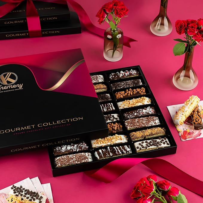 KREMERY Creamy Chocolate Cravings - Valentines Day Chocolate Covered Biscotti Cookies Gift Basket, in Elegant Gift Box (24 Biscotties, Assorted Sweet Toppings) Sweet Treats Food Arrangement, Kosher