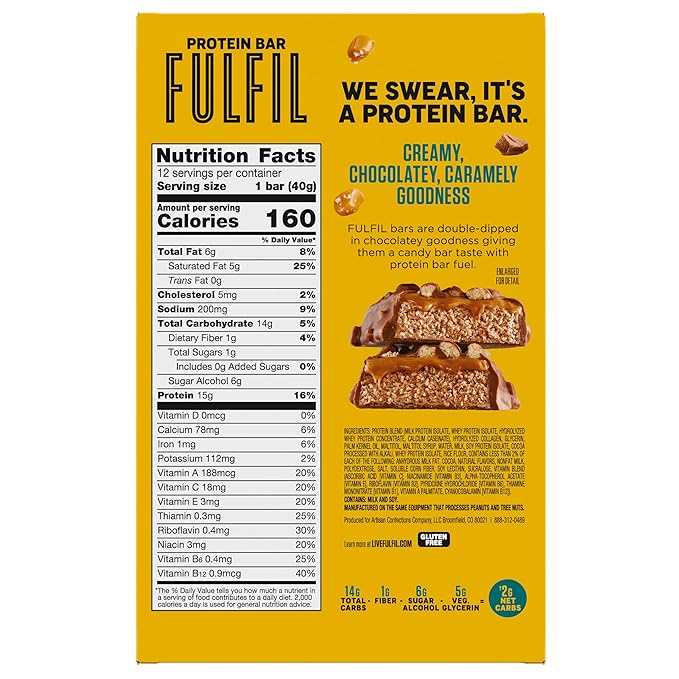 FULFIL Protein Snack Bars, Chocolate Salted Caramel Flavored, Gluten Free with 15g Protein, Pantry Staples, 12 Count