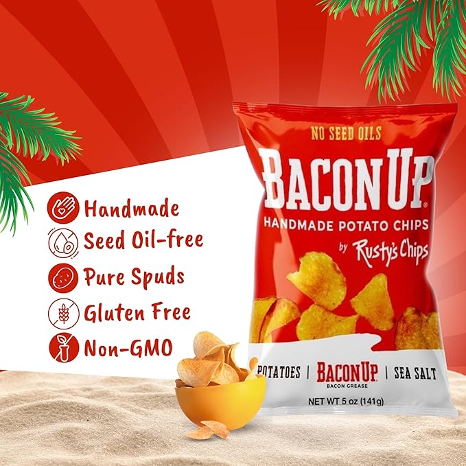 Bacon Up - Handmade Crunchy Healthy Potato Chips - No Preservatives, No Seed Oils, Gluten Free, Healthy Snacks for Adults - 5oz (6 Snack Packs) by Rusty's Chips