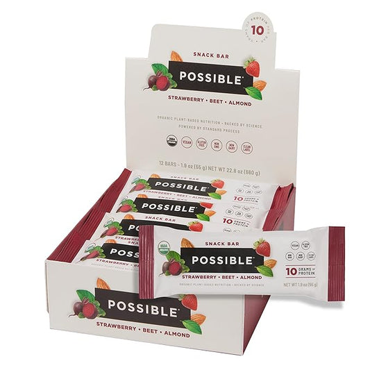 POSSIBLE Snack Bar - Organic Energy Bars with 10g of Plant-Based Protein - Vegan, Gluten-Free, Non-Dairy, USDA Organic - Healthy Fats - Clean Label - 1 Box, 12 Servings - Strawberry Beet Almond