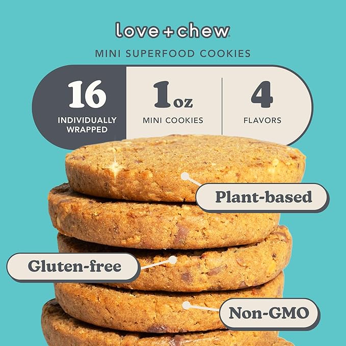 Love + Chew Superfood Soft Baked MINI Cookies Variety Pack, Plant Based Cookie With Almonds, Dates, and Chia Seeds for Kids and Adults, Vegan Snacks, Gluten Free, Paleo, Non GMO, 16 Pack