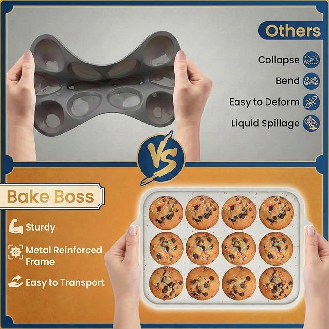 BAKE BOSS 1-Pack - Silicone Muffin Pan for Baking with Metal Reinforced Frame, 12 Cup Regular Size Cupcake Pan, BPA Free -Silicone Muffin Tray, Cupcake Baking Pan Molds for Oven Dishwasher Safe