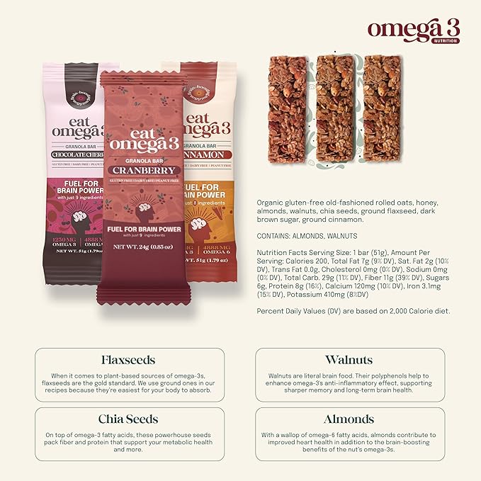Eat Omega 3 Granola Full Bars 1.79oz - Variety Pack of 12 | Gluten-Free, Vegan, Dairy-Free | 14g Whole Grain | USDA School Approved | Individually Wrapped | Peanut-Free, Soy-Free, On-the-Go Snack