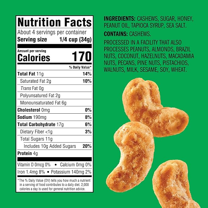Emerald Nuts Honey Glazed Cashews (1-Pack), 5oz Resealable Bag, Kosher Dairy Certified, Non-GMO, Contains No Artificial Preservatives, Flavors or Synthetic Colors
