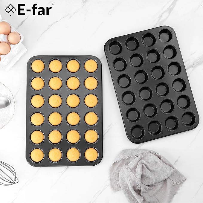 E-far 2 Pack Mini Muffin Pan - Nonstick 24-Cup Carbon Steel Cupcake Tin Tray for Little Bites & Freezer Prep | Warp-Free Bakeware Ensures Even Baking & Effortless Release, Regular Size & Oven Safe