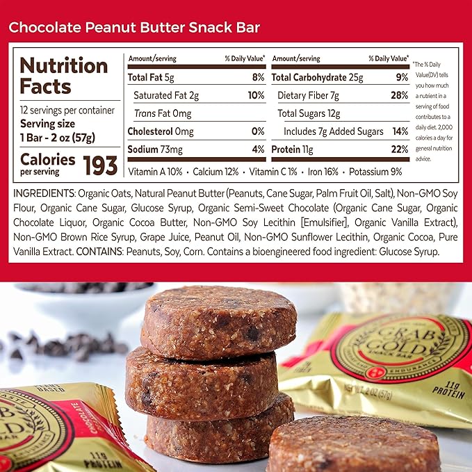 Grab The Gold Chocolate Peanut Butter Protein Snack Bars | 11g Plant-Based Protein, Organic Oats, Gluten-Free, Vegan, Dairy-Free, Kosher, High-Fiber Energy Bars | 14 Bars