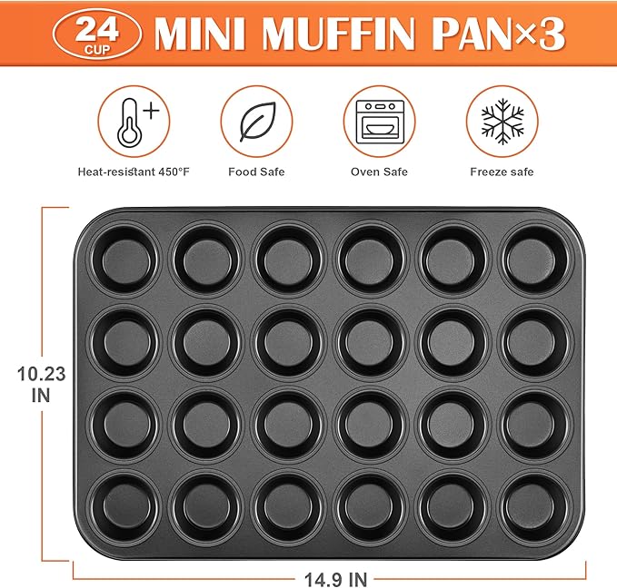 E-far 24-Cup Mini Muffin Pan - 3 Pack Nonstick Carbon Steel Cupcake Tin Tray for Little Bites & Freezer Prep | Warp-Free Bakeware Ensures Even Baking & Effortless Release, Regular Size & Oven Safe
