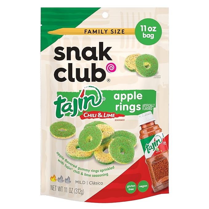 Snak Club Tajin Apple Rings Gummy Candy, Fruit Candy Gummies with Chili and Lime Seasoning, Mild, Gluten-Free and Vegan Snacks, 11 oz Resealable Bag
