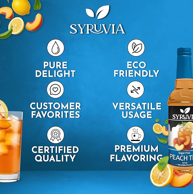 Syruvia Sugar Free Peach Tea Flavored Syrup for Drinks, Cocktails, Lemonades, Iced Teas and Desserts – 25.4 fl oz