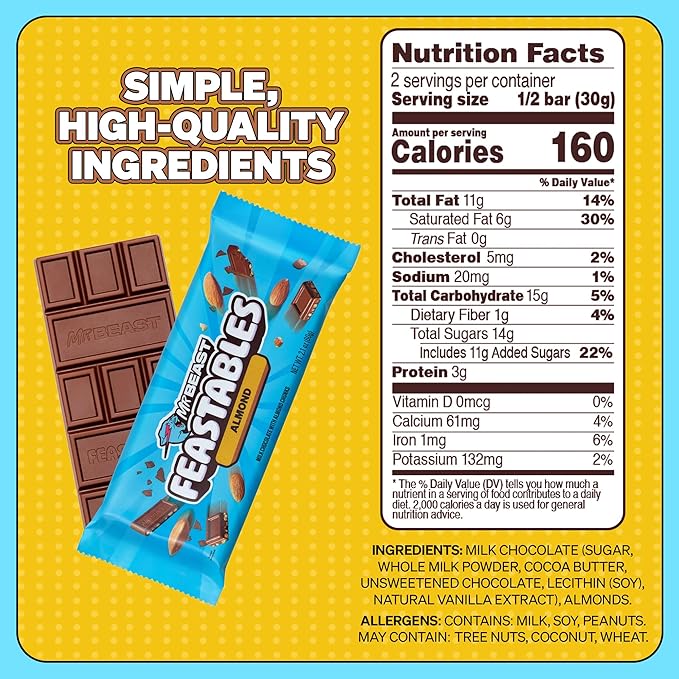 Feastables Almond Milk Chocolate KING Size Chocolate Bar, 2.1oz (60g), 10 count