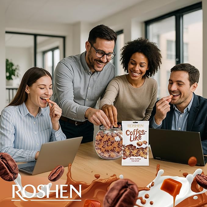 Roshen Coffeelike Caramel Candy, Coffee-Milky Filled, 2.2 lb (1kg) Bulk Pack, Soft Caramel with Natural Coffee Extract, Smooth Shell & Creamy Dairy Filling, Individually Wrapped Candies, Kosher, Halal