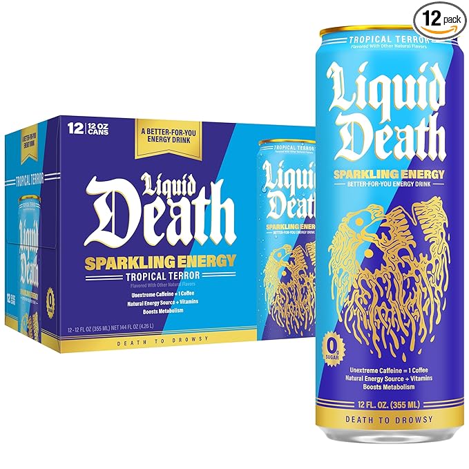 Liquid Death Sparkling Energy - Tropical Terror (Classic Piña Colada), Zero Sugar Energy Drink, Unextreme Caffeine 100mg, Essential Vitamins, 12 Fl Oz (Pack of 12)