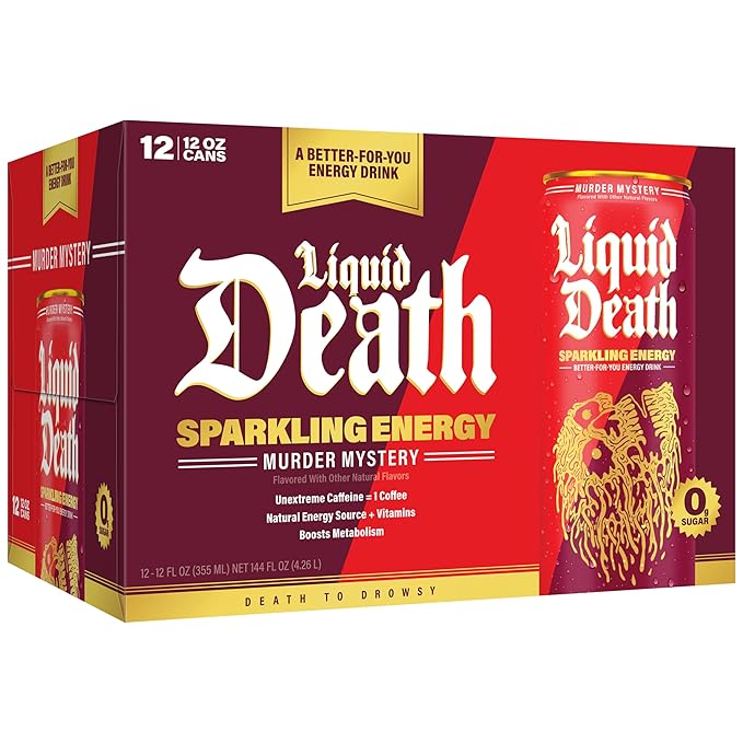 Liquid Death Sparkling Energy - Murder Mystery (Cherry, Cream, Spice), Zero Sugar Energy Drink, Unextreme Caffeine 100mg, Essential Vitamins, 12 Fl Oz (Pack of 12)