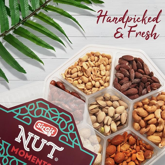 SizGit Nut Gift Baskets, 14oz Mixed Nut Gift Box of 7 Sectional Platter, Ideal Nut Assortment for Holidays, Birthdays, Celebrations, Anniversaries, Corporate Occasions and Everyday Snacking