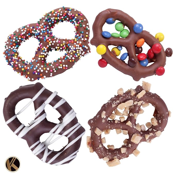 KREMERY Creamy Chocolate Cravings - Valentines Day Chocolate Covered Pretzel Twists Gift Basket, in Sectional Gift Box (12 Pretzels, Assorted Sweet Toppings) Sweet Treats Food Arrangement, Kosher