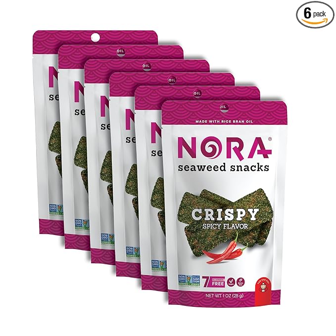 Crispy Spicy Seaweed Snacks by Nora, Thick Nori Sheets Snack Strips, Low-Carb Healthy Snacks for Adults, Asian Snacks, Vegan, Gluten-Free, Non-GMO, 6-Pack