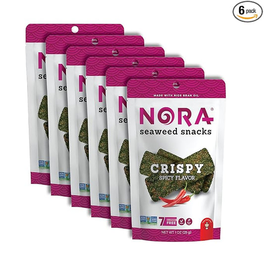 Crispy Spicy Seaweed Snacks by Nora, Thick Nori Sheets Snack Strips, Low-Carb Healthy Snacks for Adults, Asian Snacks, Vegan, Gluten-Free, Non-GMO, 6-Pack