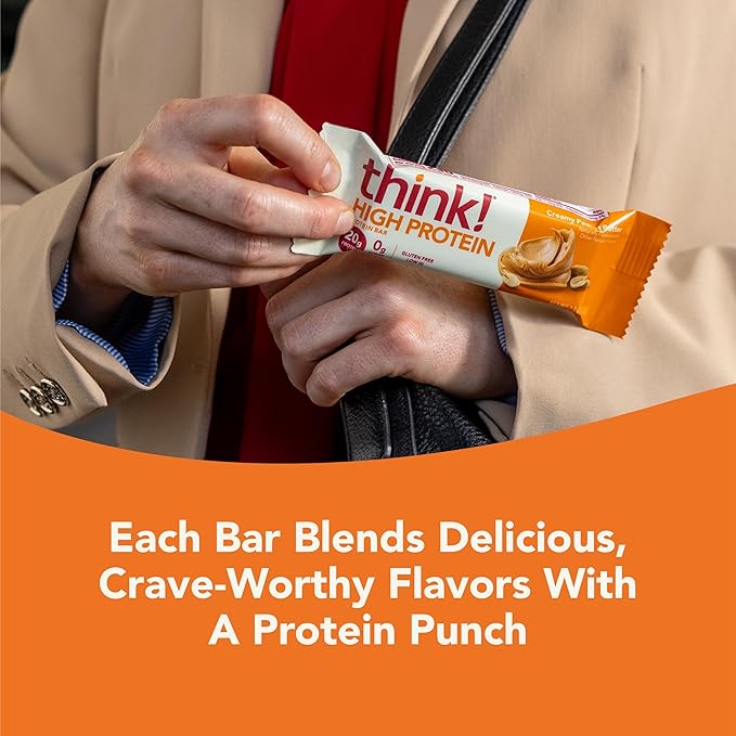 think! Protein Bars, High Protein Snacks, Gluten Free, Kosher Friendly, Creamy Peanut Butter, Nutrition Bars, 2.1 Oz per Bar, 30 Count (Packaging May Vary)