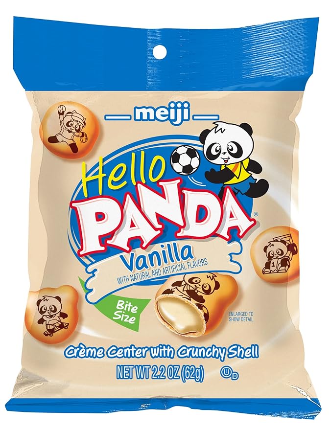 Meiji Hello Panda Cookies, Vanilla Crème Filled - 2.2 oz, Pack of 6 - Bite Sized Cookies with Fun Panda Sports
