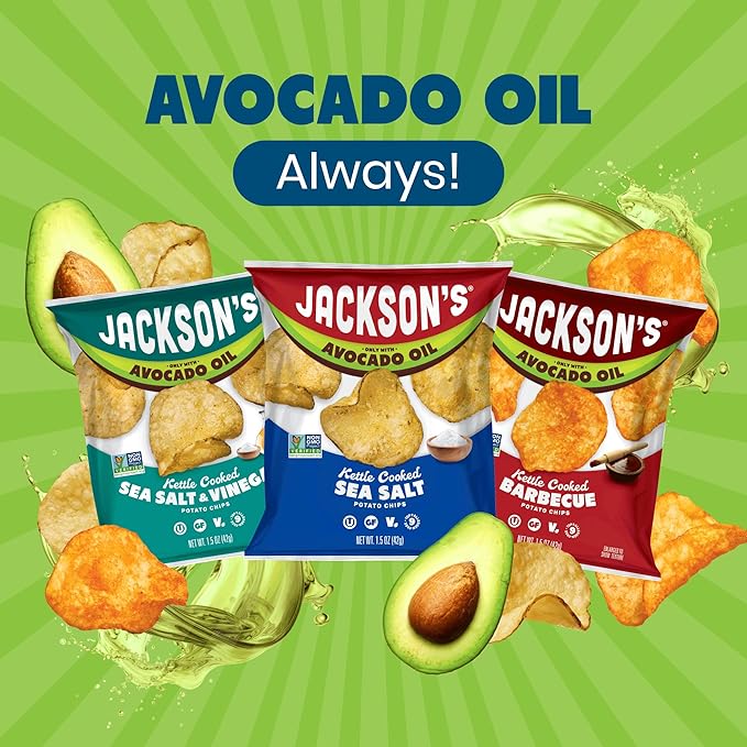 Jackson’s Classic Kettle Potato Chips (Variety Pack, 1.5 oz, Pack of 18) - Made with Premium Avocado Oil, Sea Salt, Salt & Vinegar and BBQ Flavors - Allergen-friendly, Gluten Free, Vegan