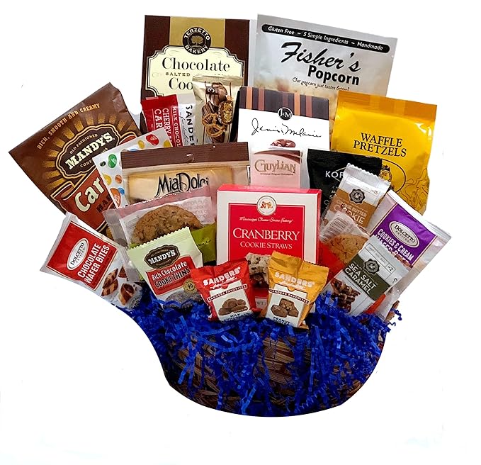 Hand-Crafted 14 Piece customizable chocolate gift basket of gourmet chocolates, cookies, and crunches. Tasty treats selected for businesses, clients, employees, birthdays, thank you and more!