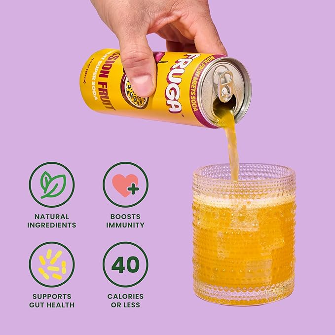 FRUGA Passion Fruit Sparkling Fruit Super Soda | Prebiotic Soda Drink, Low Calorie, Healthy Soda Benefits and Vitamin Boost - 12 Fl Oz (Pack of 12)