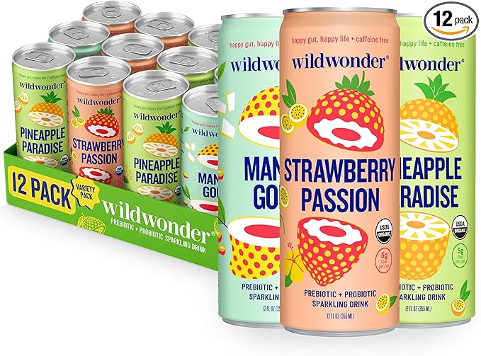 wildwonder Sparkling Probiotic Drink 12pk, For Gut Health & Immune Support, Tropical Vibes Variety, 5g Prebiotic Fiber, Live Probiotics, Organic, Vegan, Low Sugar, 12Pack, 12oz Can, Seen on Shark Tank