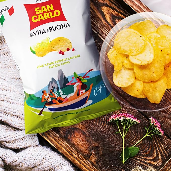 San Carlo Multi Pack 5X Lime&Pink Pepper n°1 Italian Potato Chips - 150gr - for Snacking Bliss
