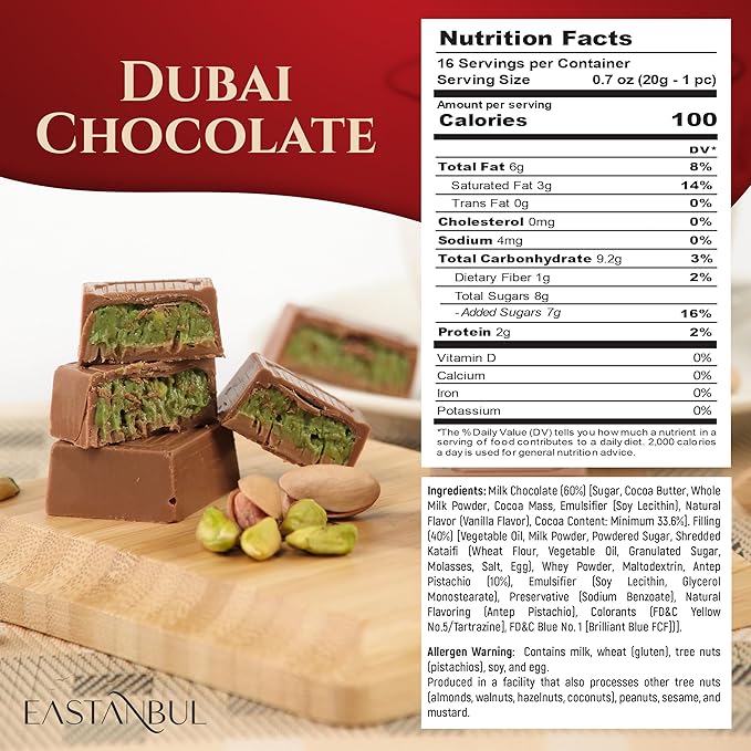 Eastanbul Dubai Chocolate Bar Pistachio, 11.3oz, Premium Pistachio Dubai Chocolate Bar, 16 Pieces Bites with Shredded Phyllo Dough, Knafeh, Viral Candy, Gift Box