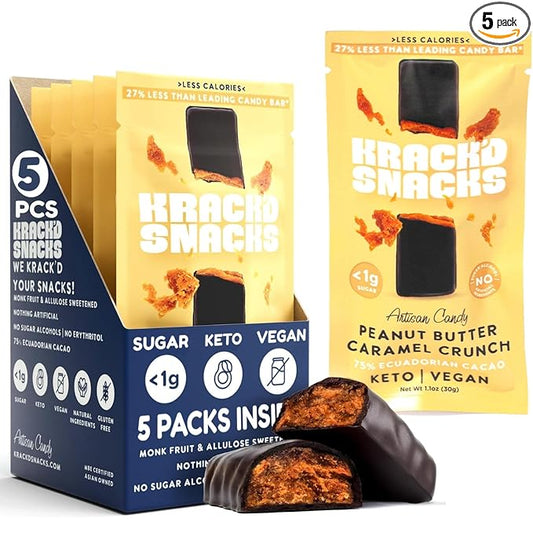 Krack’d Snacks Keto Chocolate Snack Bars 5 Pk | Handmade Low Carb, Sugar Free Dark Chocolates with Peanut Butter, Caramel Crunch, Allulose | Vegan, Non-GMO, Gluten Free Chocolate Candy Bar