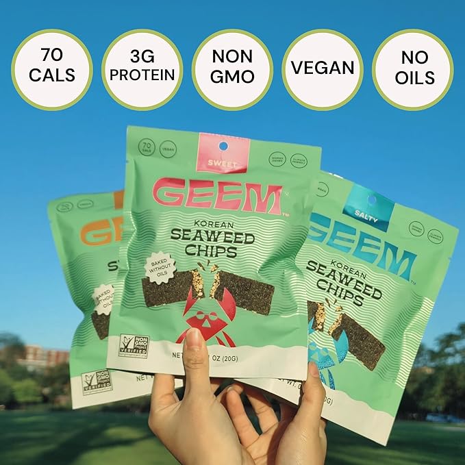 GEEM Seaweed Snacks – Korean Seaweed Chips with Rice Crisps & Sesame | Crunchy, Oil-Free Snack | Vegan, Non-GMO | Great for Kids & Adults | Spicy 4-Pack