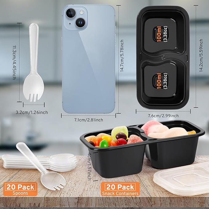 20 Set Snack Containers with Lids & Spoons, Reusable Double Compartment Condiment Containers for Lunches Picnics Parties, BPA-Free, Microwave Safe, Black