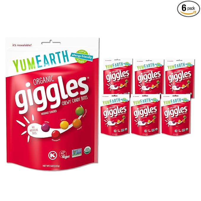 YumEarth Organic Giggles Chewy Candy - Allergy Friendly (Top 9 Free), No Artificial Dyes, Non GMO, Gluten Free, Vegan Candy Snacks - 5 Ounce Bag (Pack of 6)
