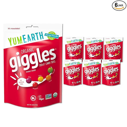 YumEarth Organic Giggles Chewy Candy - Allergy Friendly (Top 9 Free), No Artificial Dyes, Non GMO, Gluten Free, Vegan Candy Snacks - 5 Ounce Bag (Pack of 6)