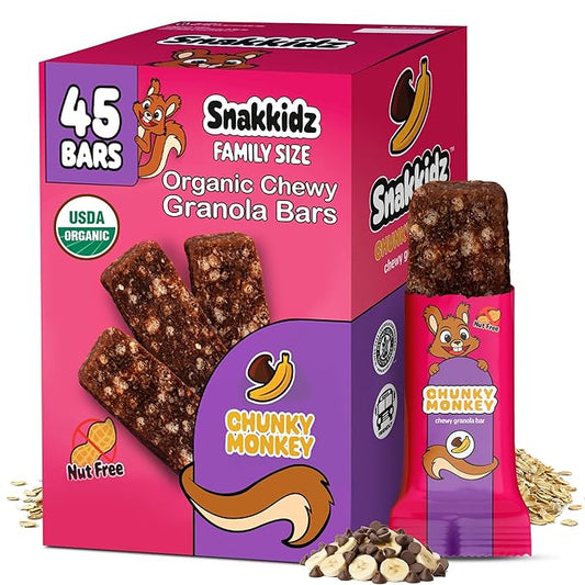Snakkidz Organic Chewy Granola Bars for Kids, Allergen-Free, Nut-Free, Gluten-Free, Low Sugar Snack Bars Made with Avocado Oil, Individually Wrapped, School Lunch Snacks, Bulk Pack of 45, Chunky Monkey