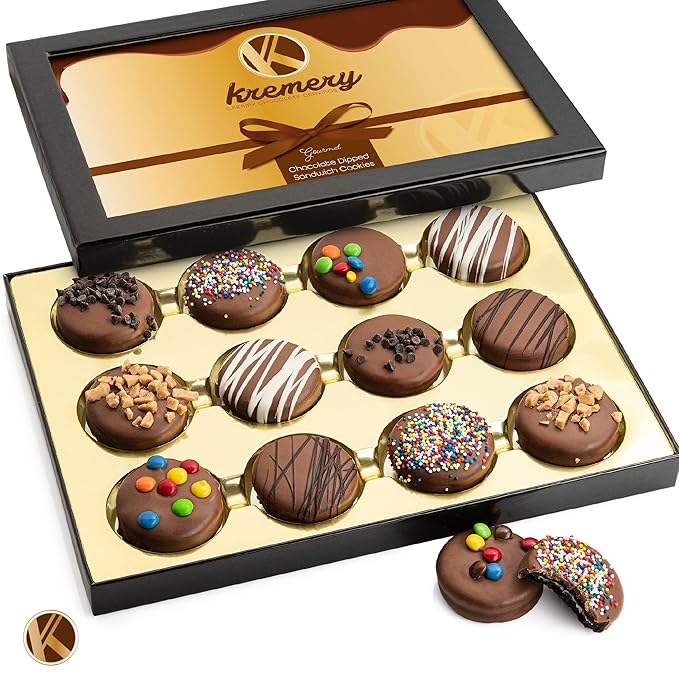 KREMERY Creamy Chocolate Cravings - Valentines Day Chocolate Covered Sandwich Cookies & Cream Gift Basket, in Sectional Gift Box (12 Cookies, Assorted Sweet Toppings) Sweet Treats, Kosher