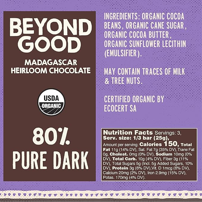 Beyond Good 80% Cocoa Pure Dark Chocolate | 12 Pack - Chocolate Bars | Organic, Direct Trade, Vegan, Kosher, Non-GMO | Single Origin Heirloom Madagascar Dark Chocolate